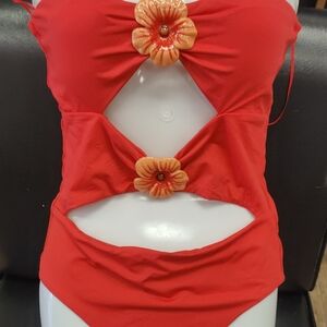 Zara Coral 🪸 Red One-Piece Cutout Swimsuit with Orange Flower Accents